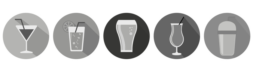 Cocktails, drinks glasses vector icons set black and white icons