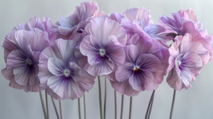   A vase filled with pink and purple flowers sits on a white tablecloth against a white wall