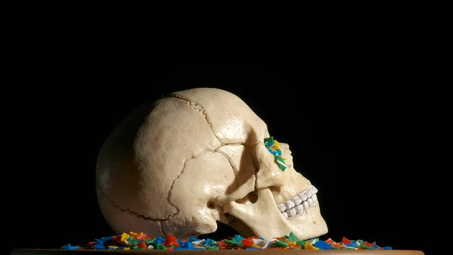 Used secondary microplastics. A view of human skull on the used secondary small pieces of microplastic against black background. A concept of non recycling garbage pollution.