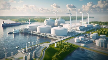Fototapeta premium Futuristic wind-powered LNG terminal with storage tanks and docking ships