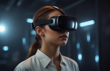 girl in virtual reality glasses against the background of a gaming club
