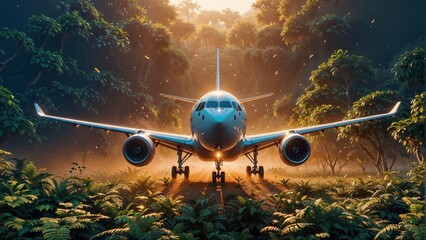 Airplane in the jungle. 3D Rendering. Travel concept.