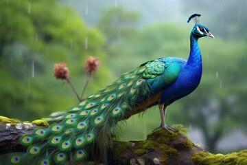 Vibrant Display: A Majestic Male Peacock (Pavo cristatus) Captured in Splendid Plumage, Symbolizing Beauty and Elegance in the Natural World - obrazy, fototapety, plakaty