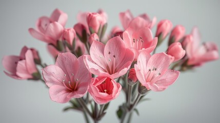   A white countertop hosts a vase brimming with pink blossoms, while a light gray backdrop frames the scene