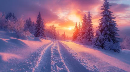Fotobehang   A snowy road in a dense winter forest surrounded by trees, bathed in a warm sunset glow © Olga
