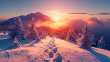   The sun sets on a snow-capped mountain, with a path ahead and trees in the distance