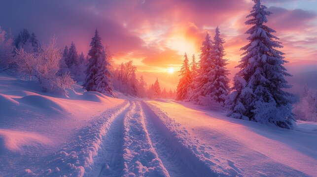   A snowy road in a dense winter forest surrounded by trees, bathed in a warm sunset glow