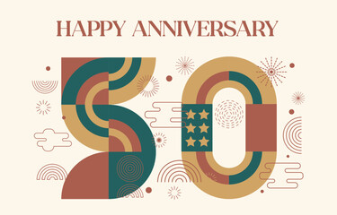 Fototapeta premium happy anniversary with geometric numbers in flat color concept