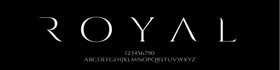 Royal, a sophisticated font showcasing vintage alphabet letters and numbers. Premium uppercase fashion design typography. Vector illustration exuding luxury.