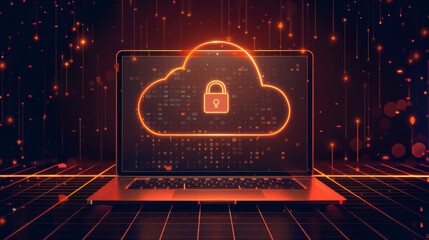 illustration of laptop with cyber security cloud with lock on screen - orange and black colors - computing concept