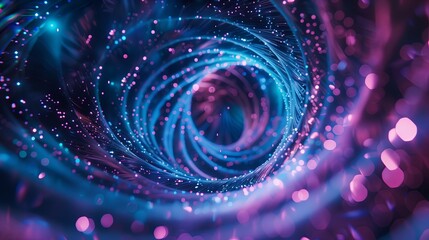 Abstract digital artwork of cosmic spiral with vibrant neon colors and glittering particles, creating dynamic sense of motion