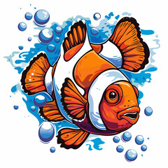Fototapeta premium Clown fish with bubbles on a white background. Vector illustration.
