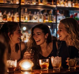 Young women with cocktails at nightclub. Spending time with pals. Group of friends enjoying a drink.
