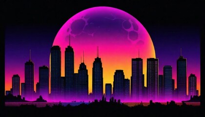 Digital Painting A Retro Sunset Cityscape With Sil (10)
