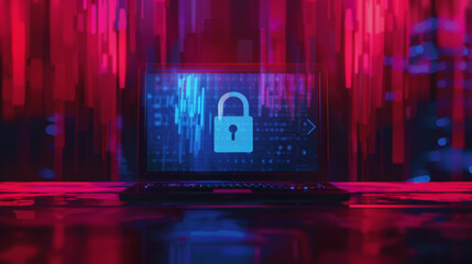 illustration of laptop with lock on screen - red and blue colors - computing concept