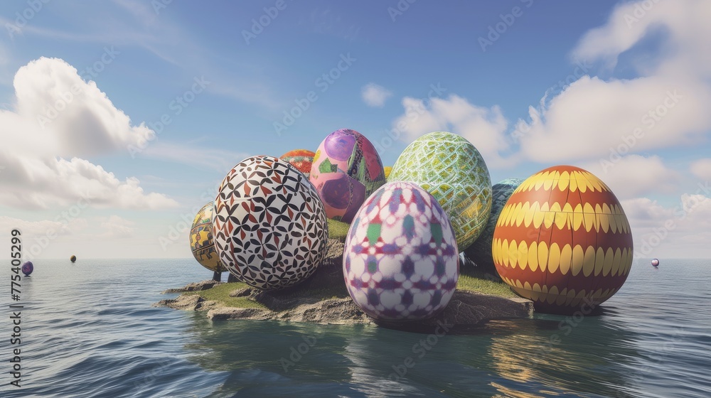 Poster comic rendering of huge easter eggs with different patterns located on an island --no text, titles -