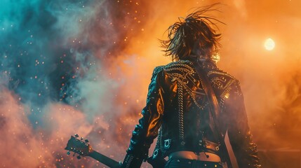 The guitarist wearing a leather jacket decorated with chains, the back of which is covered with blue and orange smoke, is lost in music with the guitar in her hand. - obrazy, fototapety, plakaty