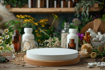 Fototapeta na wymiar Herbal medicine stand mockup: empty podium on table for supplements, alternative medicine, homeopathy, herbal treatment, natural products, with banner and copy space for advertising and promotion.