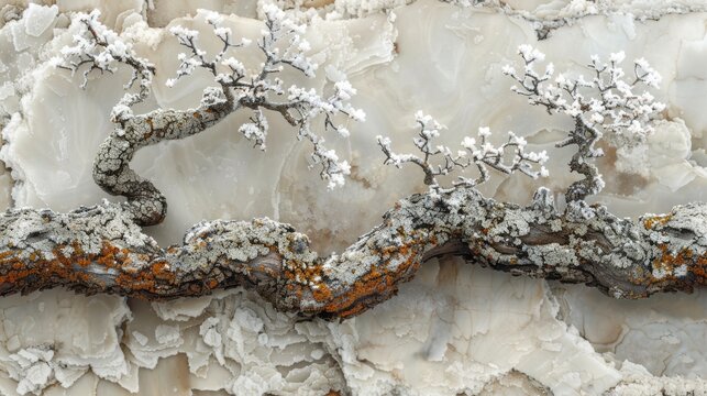   A detailed image of a tree branch with lichen covering it, against a rock background