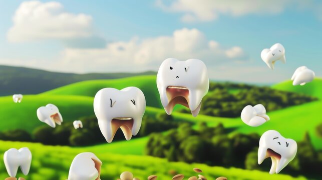 Image of teeth playing an imaginary game where they defend their territories from tooth decay against the backdrop of green hills and nature --no text, titles --ar 16:9 --quality 0.5 --stylize 0 Job