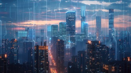 Fototapeta na wymiar Cyber City Skyline: Transparent Light Tones Digital News Page with Java Code
