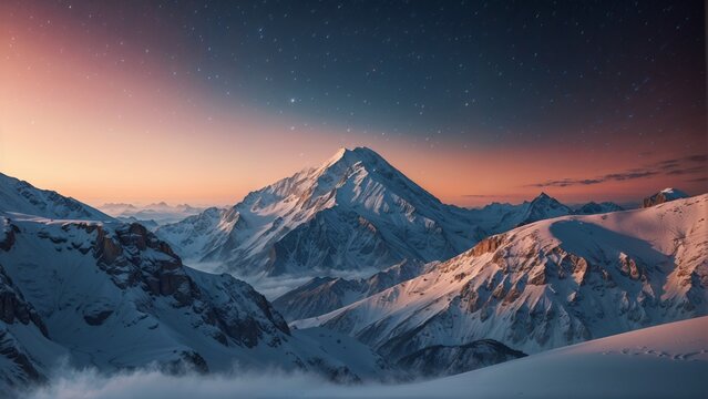 Beautiful winter landscape with snow-capped mountains at sunset.