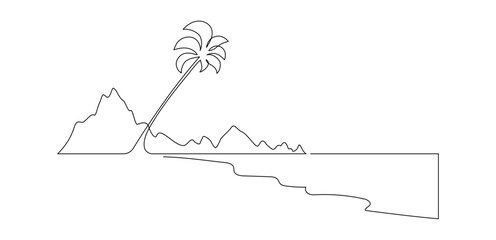 One continuous line drawing of beach with palm tree. Abstract tropical landscape with sea and clouds in simple linear style. Travel vacation in editable stroke. Doodle panoramic vector illustration - obrazy, fototapety, plakaty