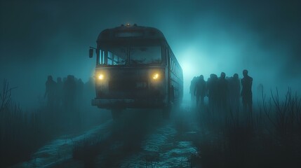 bus is traveling in a black fog in complete darkness surrounded by dark silhouettes of zombies, weak light from the spotlight, black sky. generative AI - obrazy, fototapety, plakaty