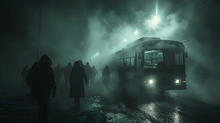 bus is traveling in a black fog in complete darkness surrounded by dark silhouettes of zombies, weak light from the spotlight, black sky. generative AI