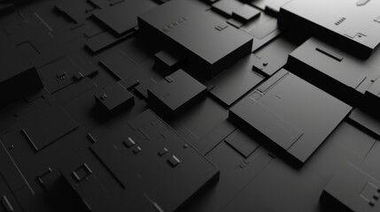 Black tech background, with a geometric 3D structure. Clean, minimal design with simple futuristic forms. 3D render