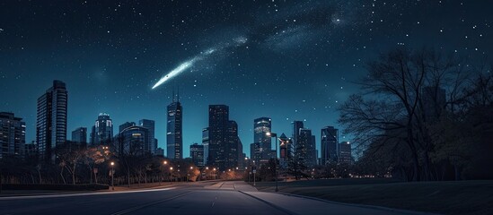 A comet streaks across the night sky over a slumbering city. 🌌✨ A mesmerizing display of nature's wonders against quiet streets and glowing skyscrapers. #CelestialNightfall - obrazy, fototapety, plakaty