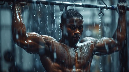 african american man with dumbbell weight training equipment gym - obrazy, fototapety, plakaty