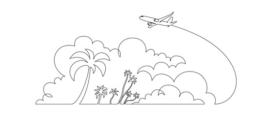 One continuous line drawing of summer travel vacation concept. Tropical landscape with beach and palm tree in simple linear style. Airplane in clouds in editable stroke. Contour vector illustration