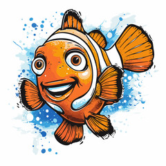 Illustration of a clown fish on a watercolor splash background.