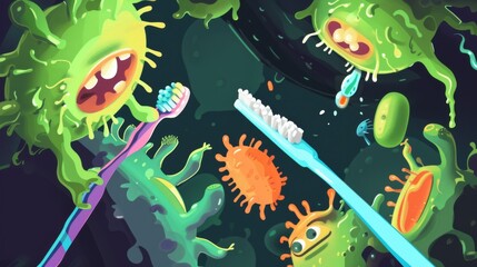 Cartoon bacteria trying to steal a toothbrush ::3 cartoon ::3 --no text, titles --ar 16:9 --quality 0.5 --stylize 0 Job ID: 6a31a75d-4c7c-439d-adc5-3bb4125995a2