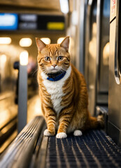 A Cute Cat Standing on Two Legs Taking the Subway in a Modern, Realistic Style