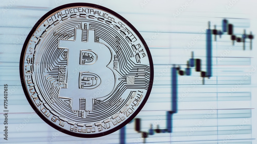 Poster a simple bitcoin outline with a rising price chart in the background. this symbolizes the growth of 