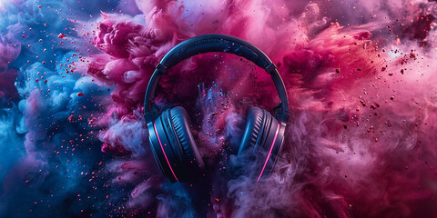 Headphone and vivid color powder. Creative music and festival concept AI-generated Image - obrazy, fototapety, plakaty
