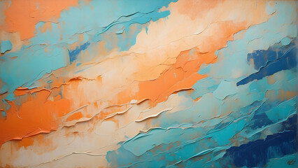 A striking abstract painting image with vibrant orange and blue layers, texturized to evoke the impression of a rugged landscape