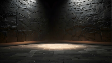 An atmospheric and moody room with illuminated stone walls, creating a mysterious and dramatic effect