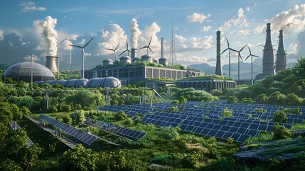 A futuristic green industry eco power plant amidst lush surroundings, exemplifying a commitment to preserving the environment and ensuring low carbon emissions - obrazy, fototapety, plakaty