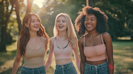 Three beautiful young women are smiling and looking at camera while walking in the park. Multiethnic group of friends having fun outdoors.