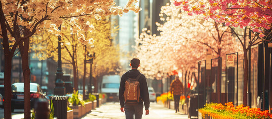 A man walks amid blooming city trees, vibrant spring hues. 🌸🚶‍♂️ A scene of urban renewal and nature's vitality. #CitySpringVibes - obrazy, fototapety, plakaty