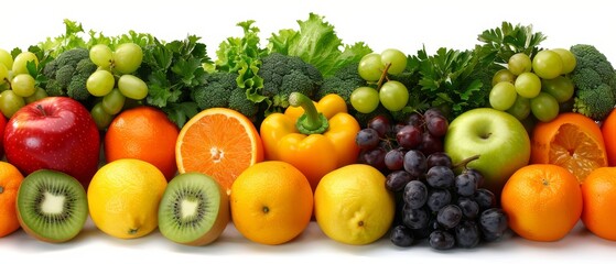  A colorful arrangement of various fruits and veggies on a white backdrop features oranges, kiwis, grapes, bell peppers, and broccoli