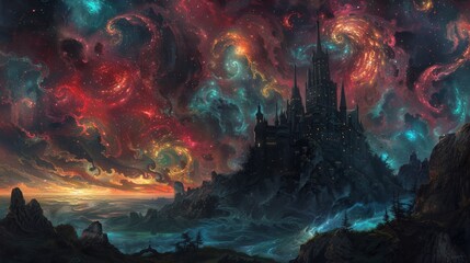 Enchanting castle in starlit sky  vibrant fantasy art with rich colors and intricate details