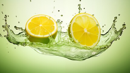 Fresh Lemon Halves Splashing in Water on a Green Background.