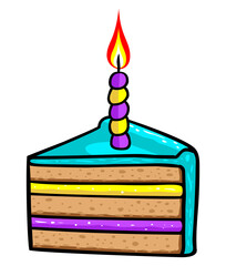 Cartoon style piece of cake with a birthday candle, PNG image with transparent background.