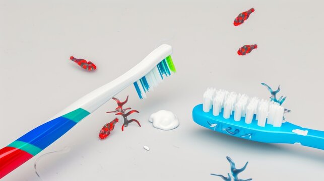 Image of microscopic bacteria that seem to be trying to hide from a toothbrush and toothpaste, creating a comical situation, minimalist style --no text, titles --ar 16:9 --quality 0.5 --stylize 0 Job