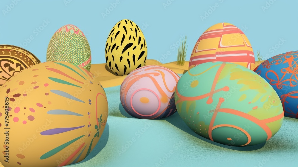 Poster comic rendering of huge easter eggs with different patterns located on an island blue background --n