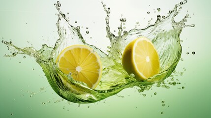 Refreshing lemon slices splashing into water with dynamic droplets.